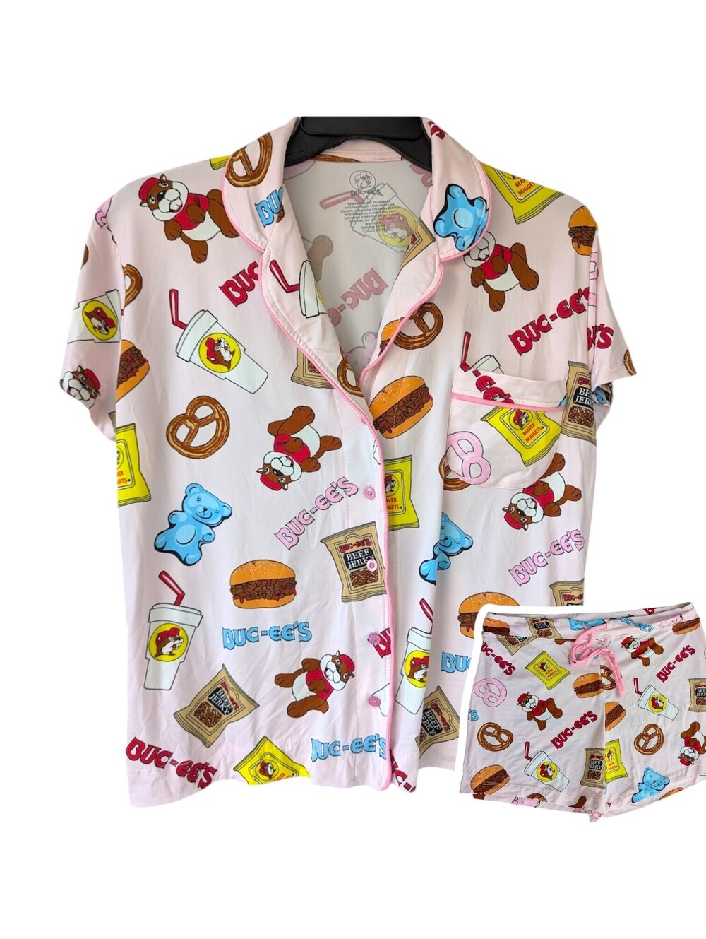 Buc-ees Pajama Set Large Top XL Bottoms Pink Snacks All Over Print Shorts Sleep